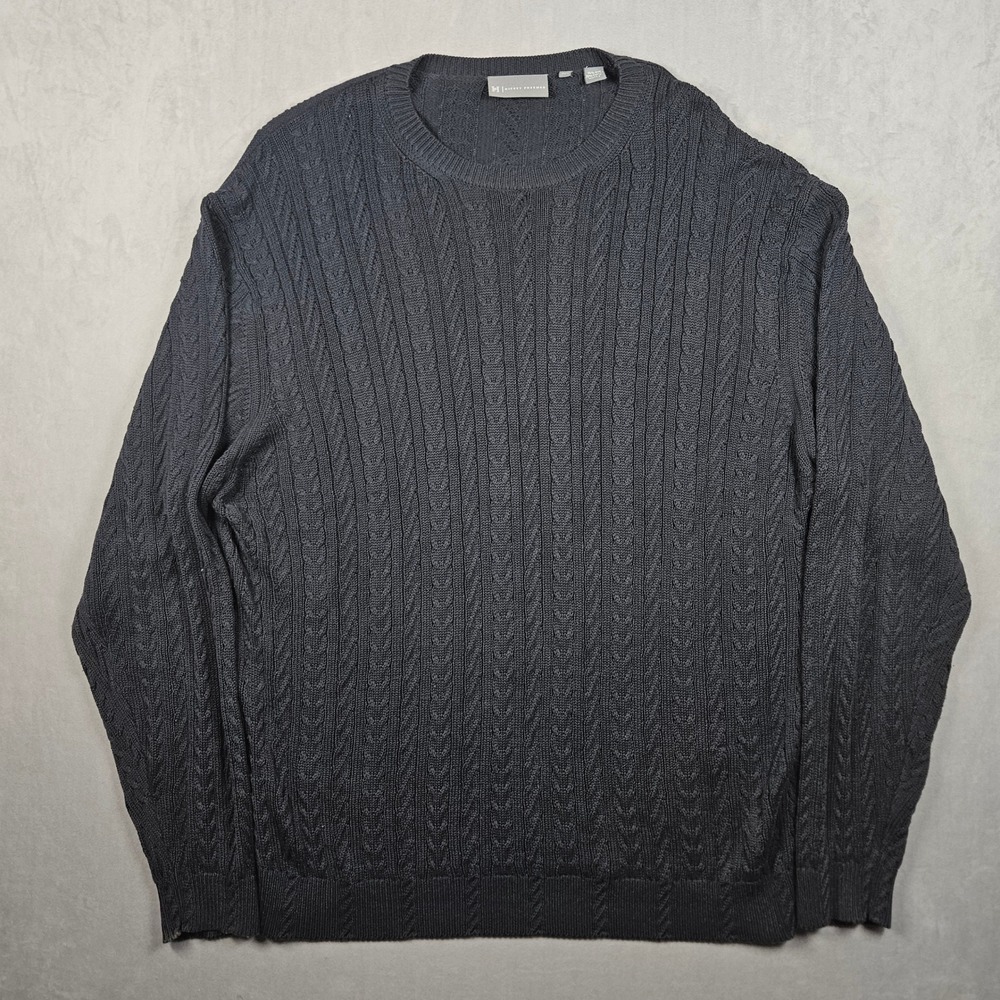 Hickey Freeman Sweater Mens XXL Navy Blue Silk Cotton Cable Knit Crew Neck